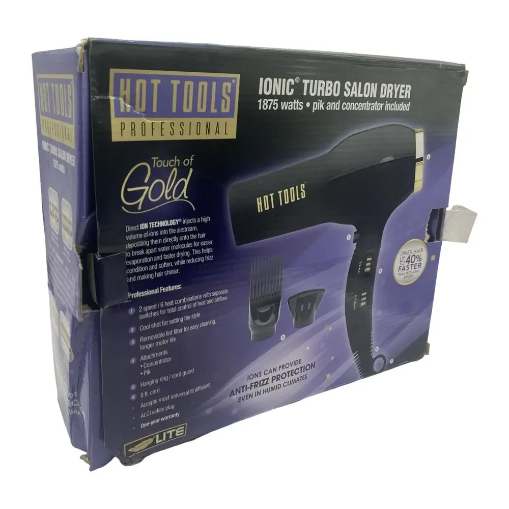 Hot Tools Ionic Turbo Salon Hair Dryer Black 1875 watts Touch of Gold